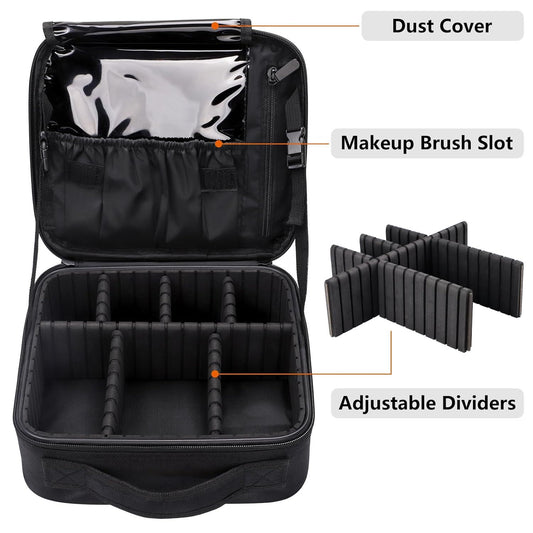 Portable cosmetic case featuring multiple interior pockets and a sturdy handle