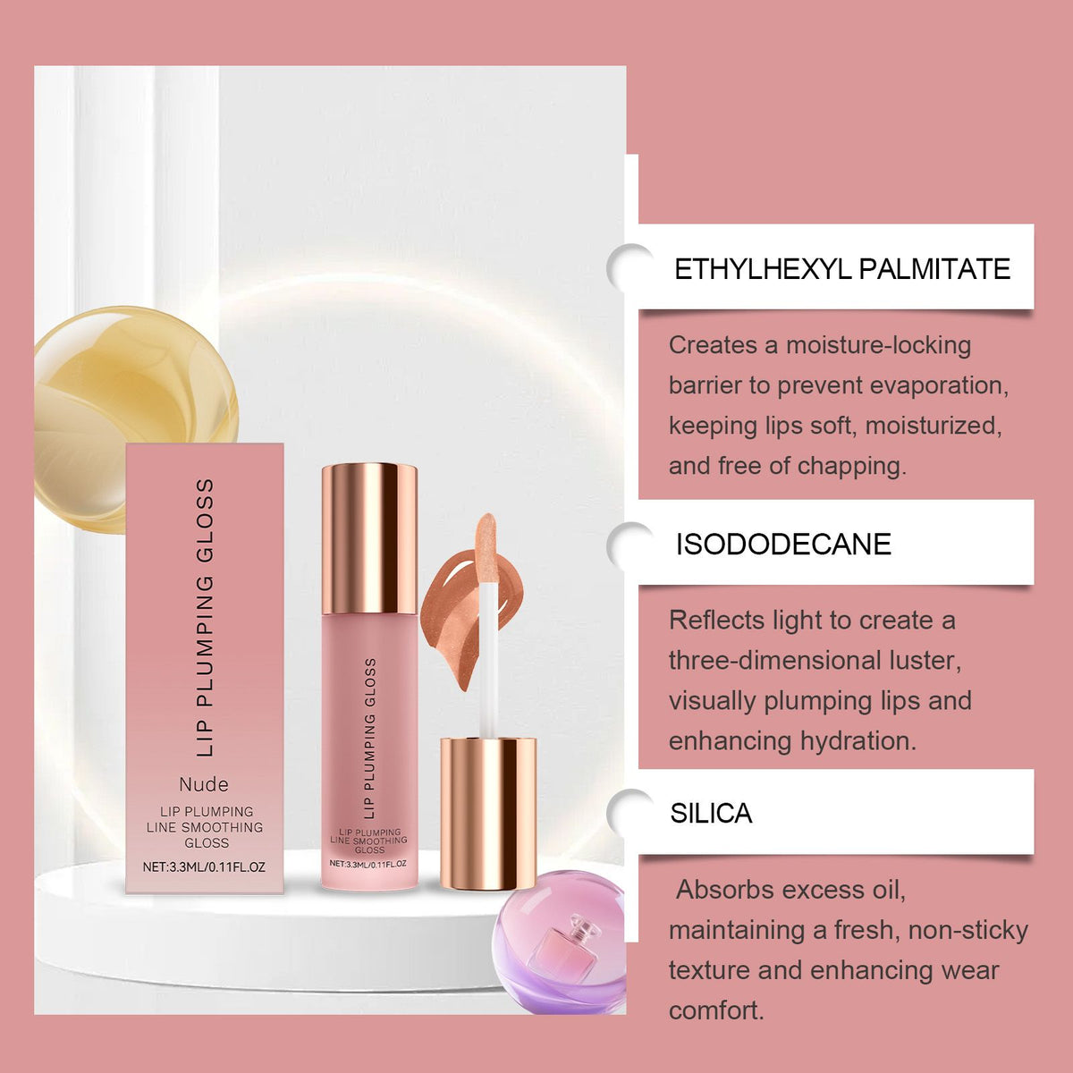 Packaging of the ultra-hydrating lip gloss on a neutral background.