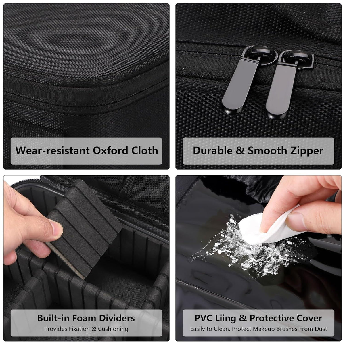 Inner pockets designed for organizing small cosmetics like lipsticks and brushes