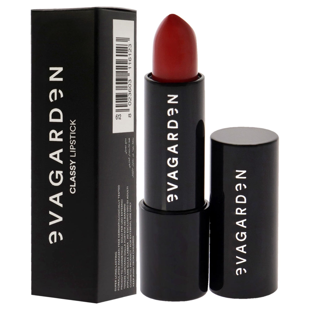 Swatch of Flame Scarlet lipstick on a neutral background