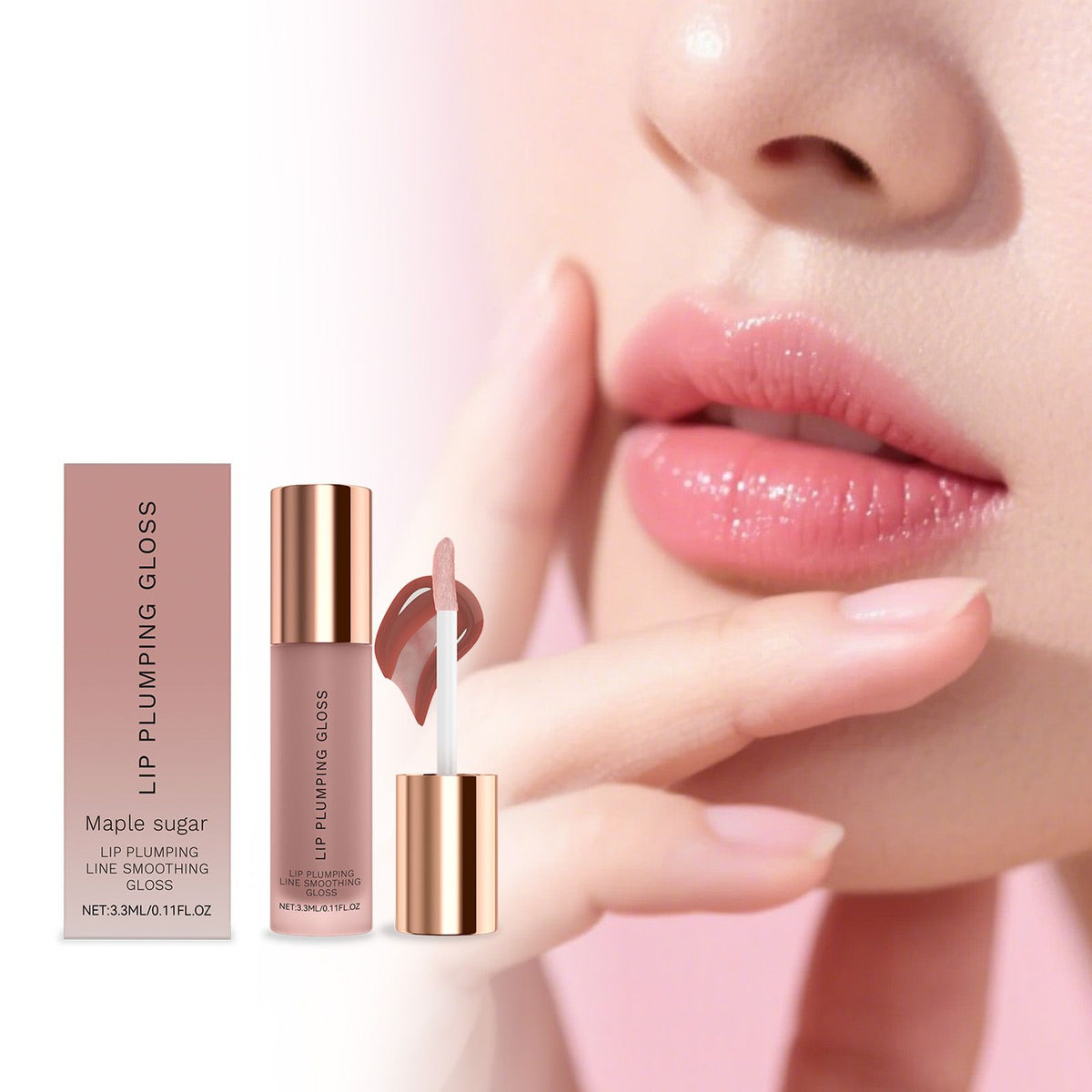 Before and after application of the lip gloss on smooth lips.