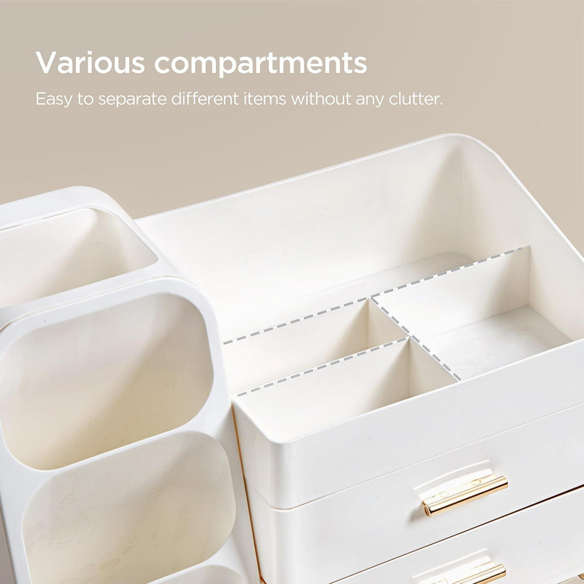 Cosmetic organizer showcasing makeup brushes and eyeshadow palettes