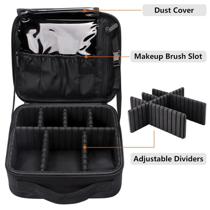 Portable cosmetic case featuring multiple interior pockets and a sturdy handle