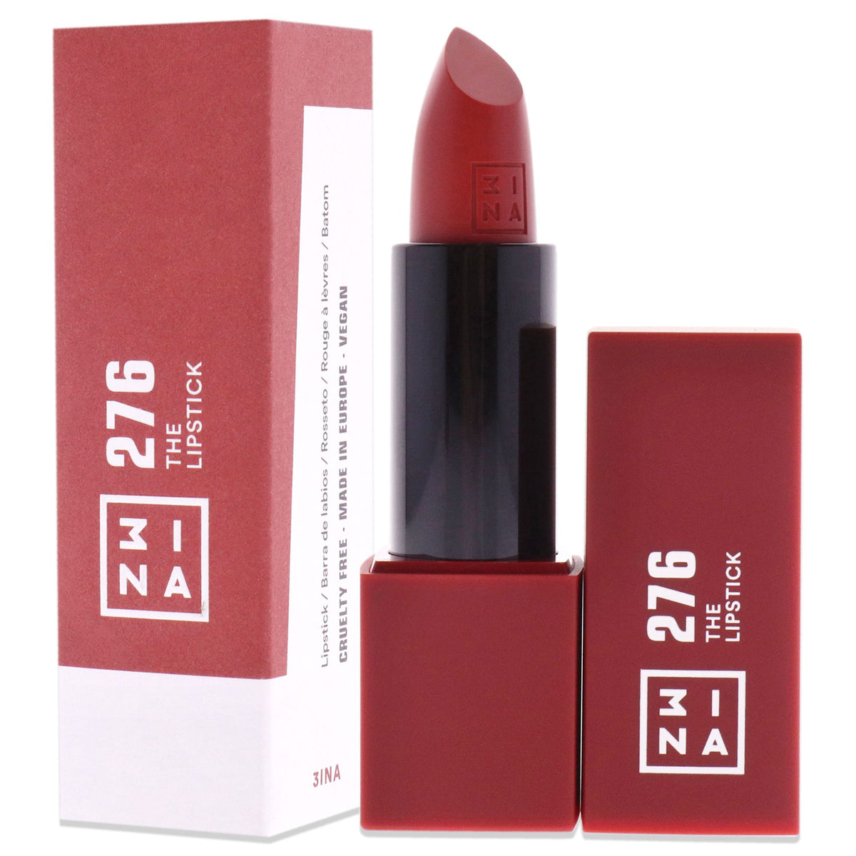 Model applying 3INA Lipstick in Shiny Dusty Red shade
