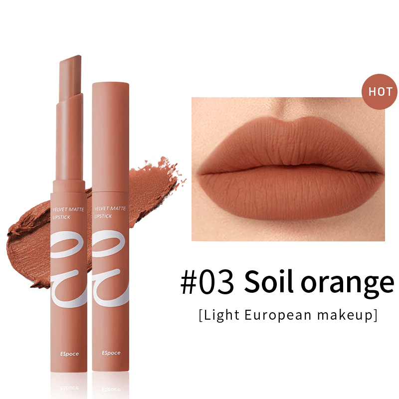 A close-up of ESPOCE® Air Matte Lipstick in Color #03 Soil Orange