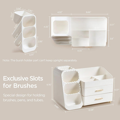 Multi-compartment storage unit displaying lipsticks and nail polishes