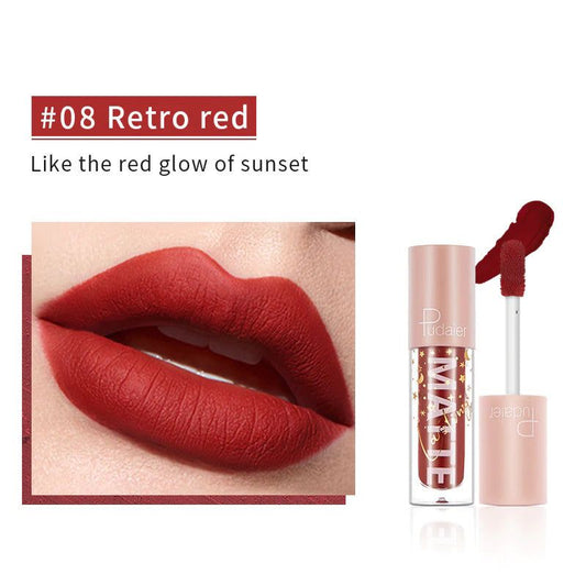 Close-up of PUDAIER® Air Matte Lip Color in Color #08 Retro Red on a model's lips.