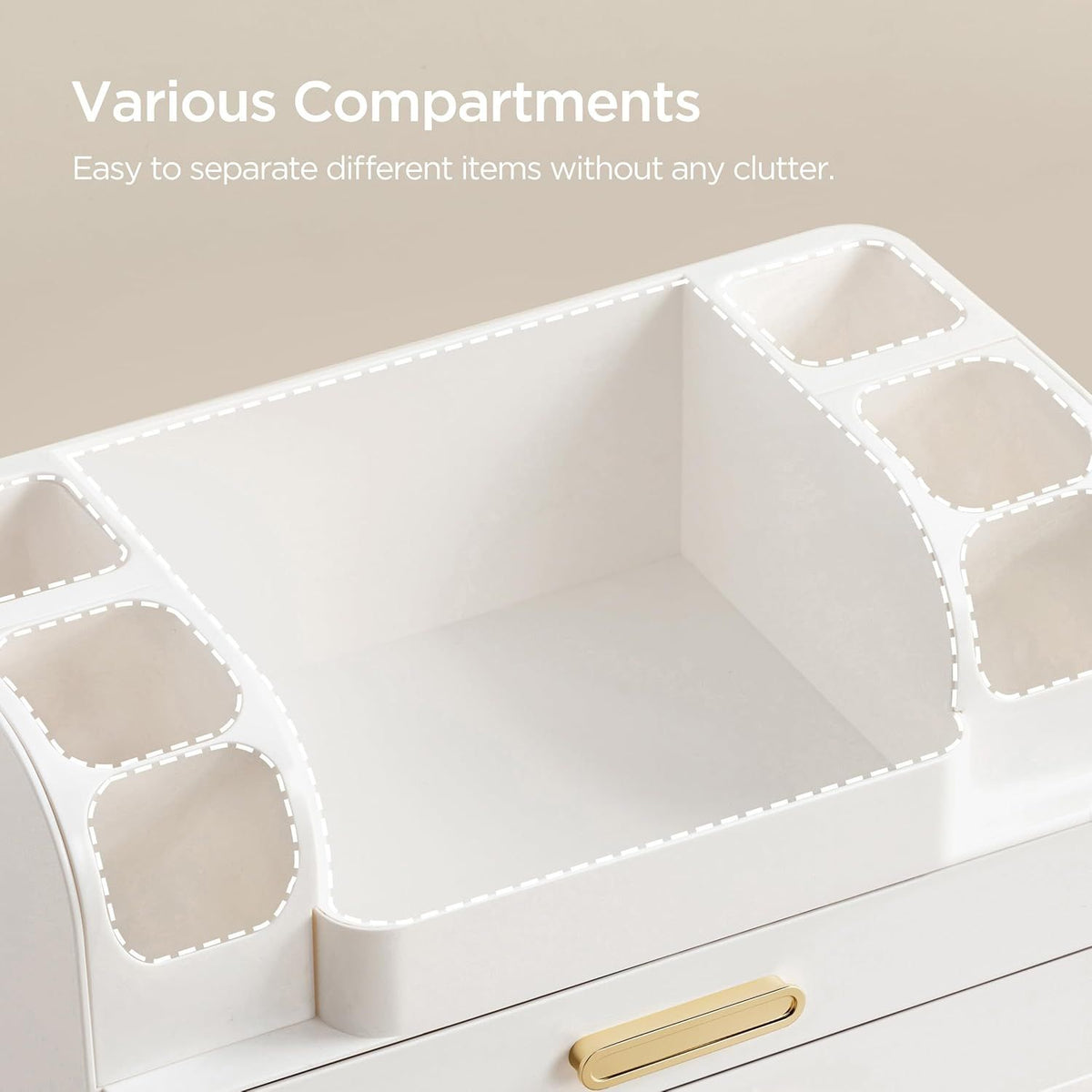 Simple assembly setup with snap-on drawer handles and non-slip feet.