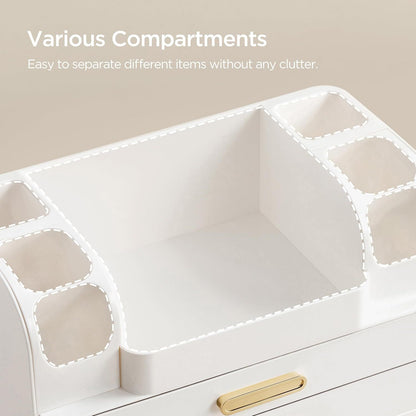 Simple assembly setup with snap-on drawer handles and non-slip feet.