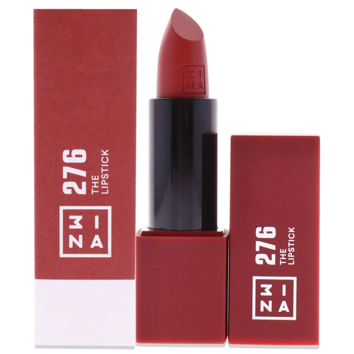 Close-up of 3INA Lipstick - 276 Shiny Dusty Red in its tube