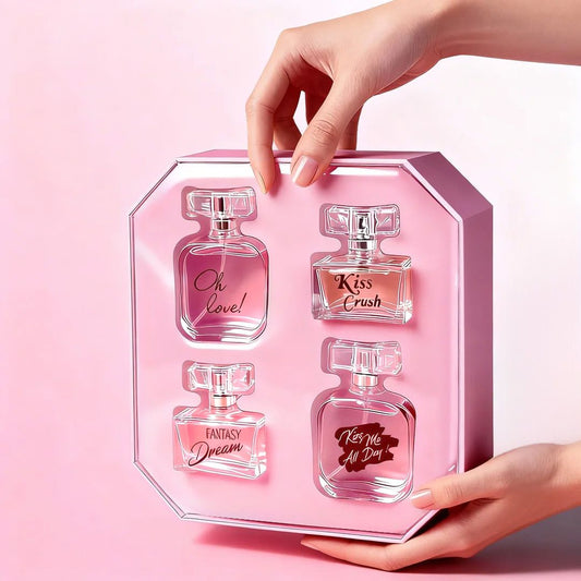 Women's Fragrance Gift Set with four Eau De Parfume sprays displayed elegantly