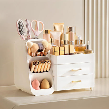 Large white makeup organizer with brush holder on a vanity