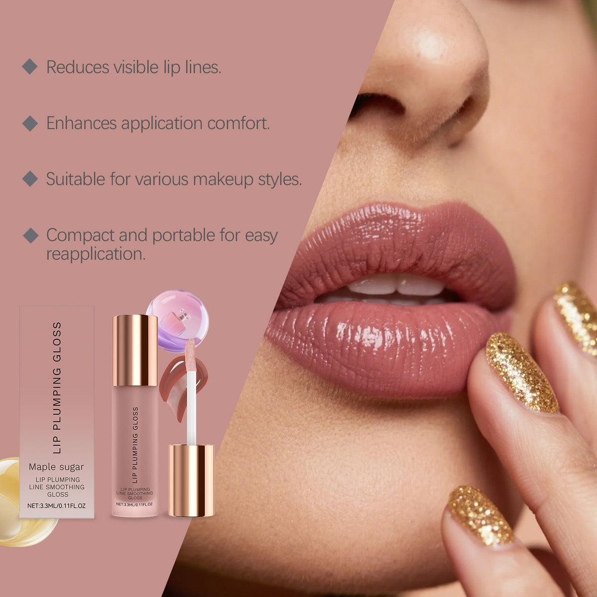 The hydrating lip gloss oil alongside natural ingredients like ethylhexyl palmitate.