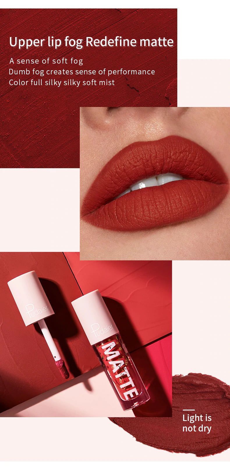 Model showcasing a soft-focus finish of PUDAIER® Air Matte Lip Color #08 Retro Red.