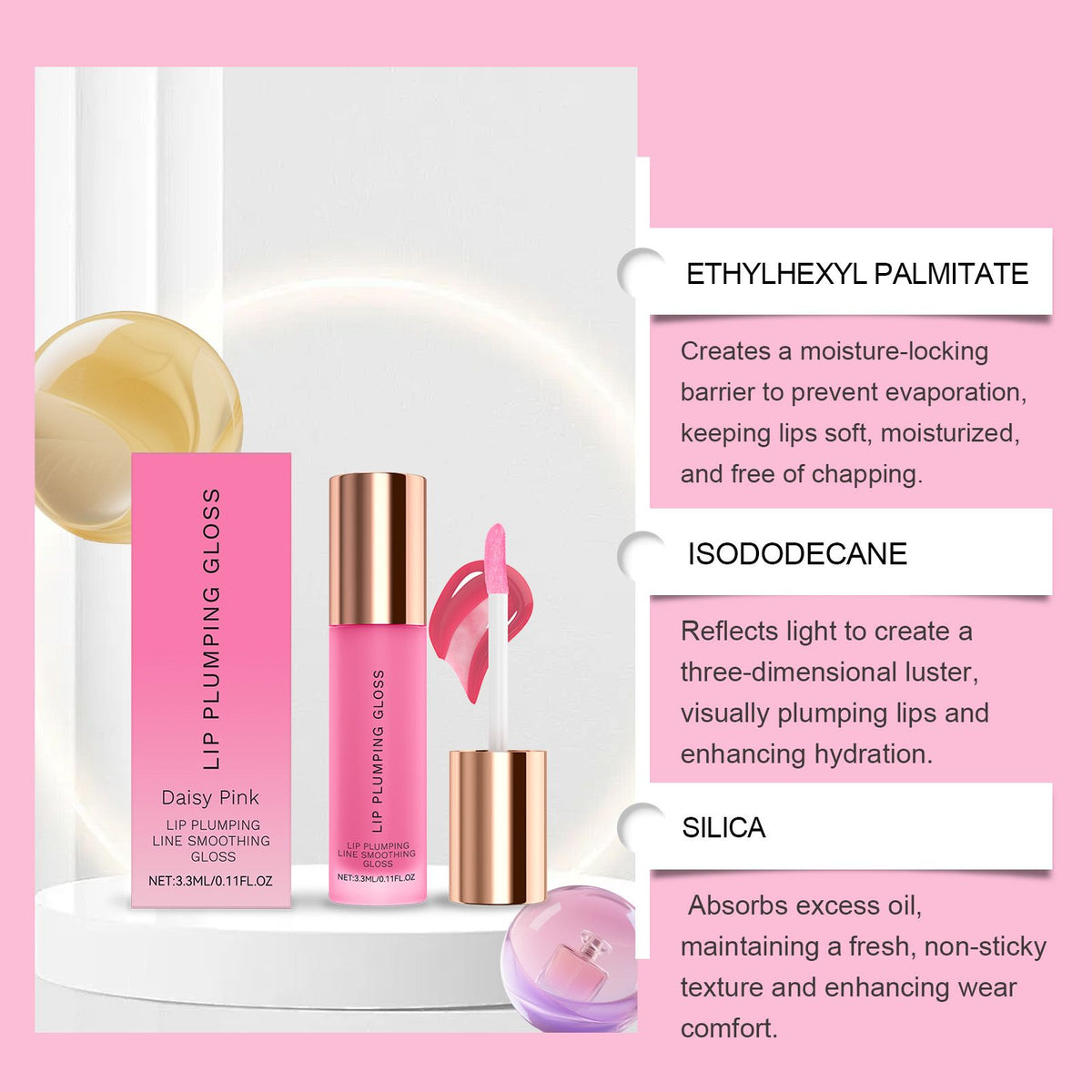 Ingredients list highlighting trimethylsiloxysilicate and ethylhexyl palmitate.