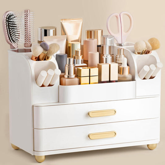 White makeup organizer with multiple compartments for brushes and cosmetics.