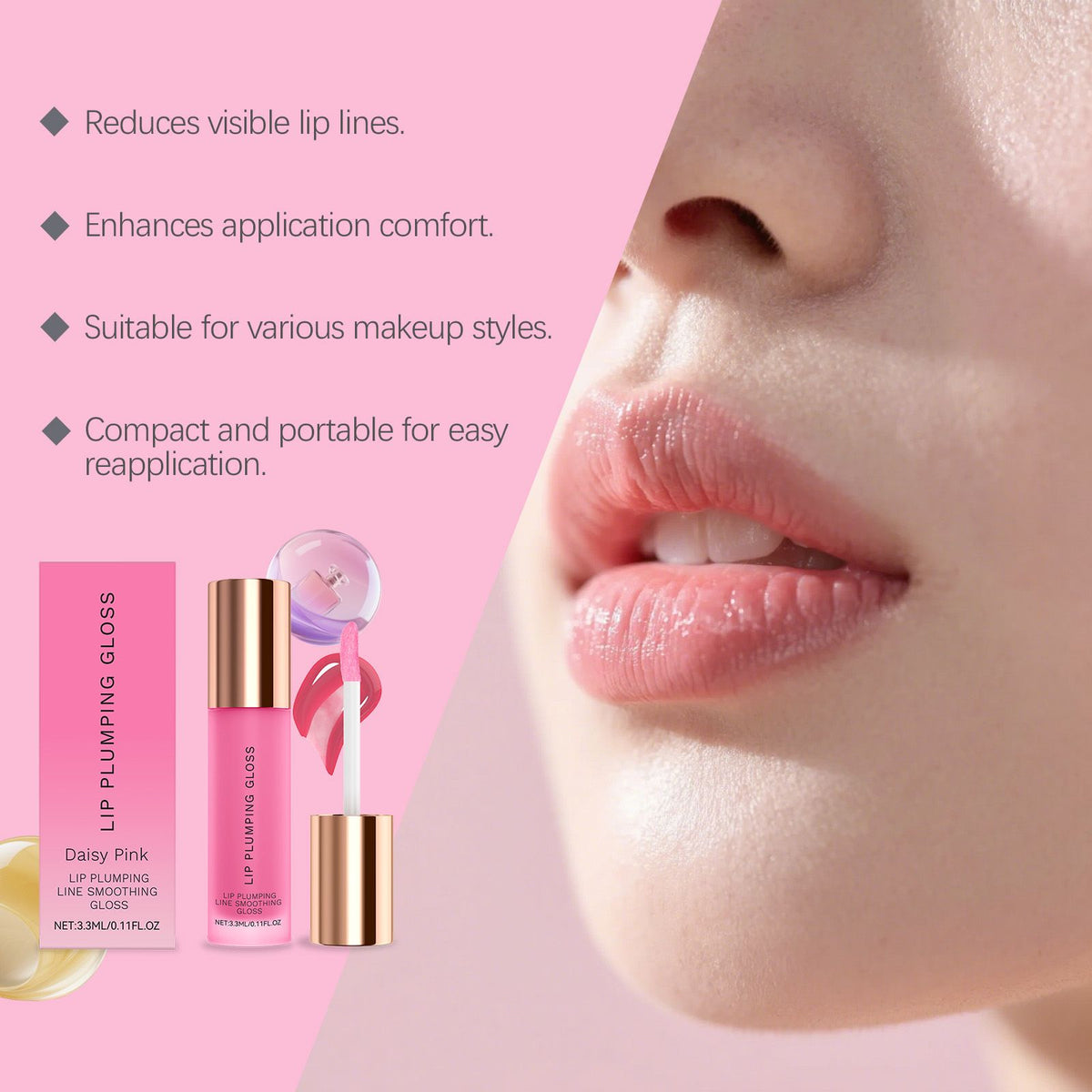 Lip gloss applicator with product glistening on the tip.