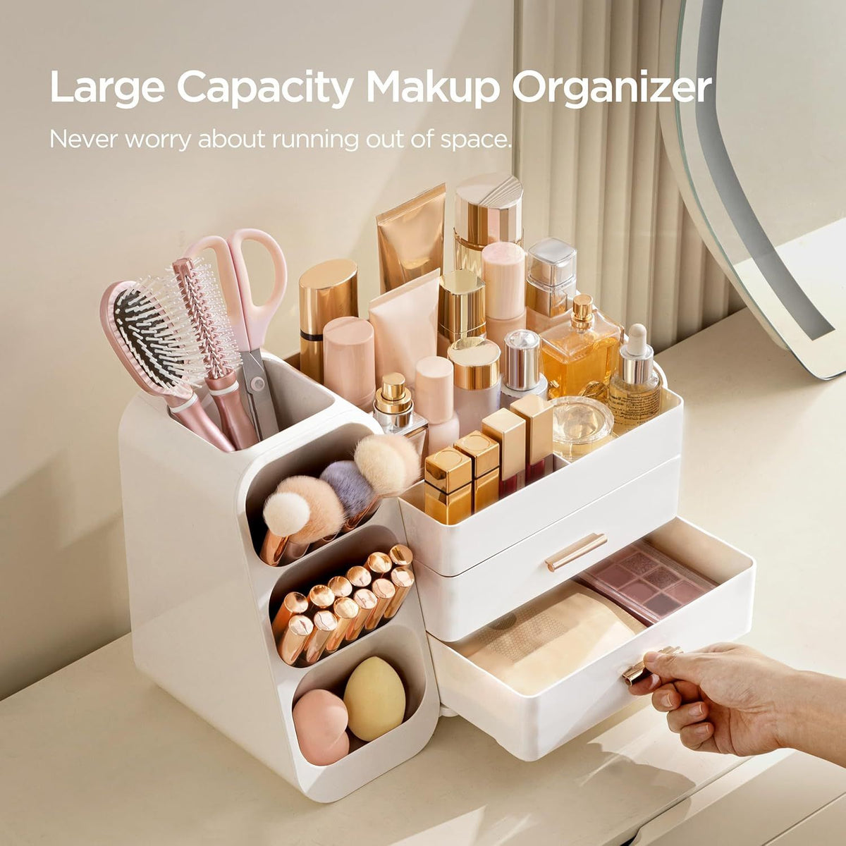 Organized skincare products in a sleek bathroom countertop holder