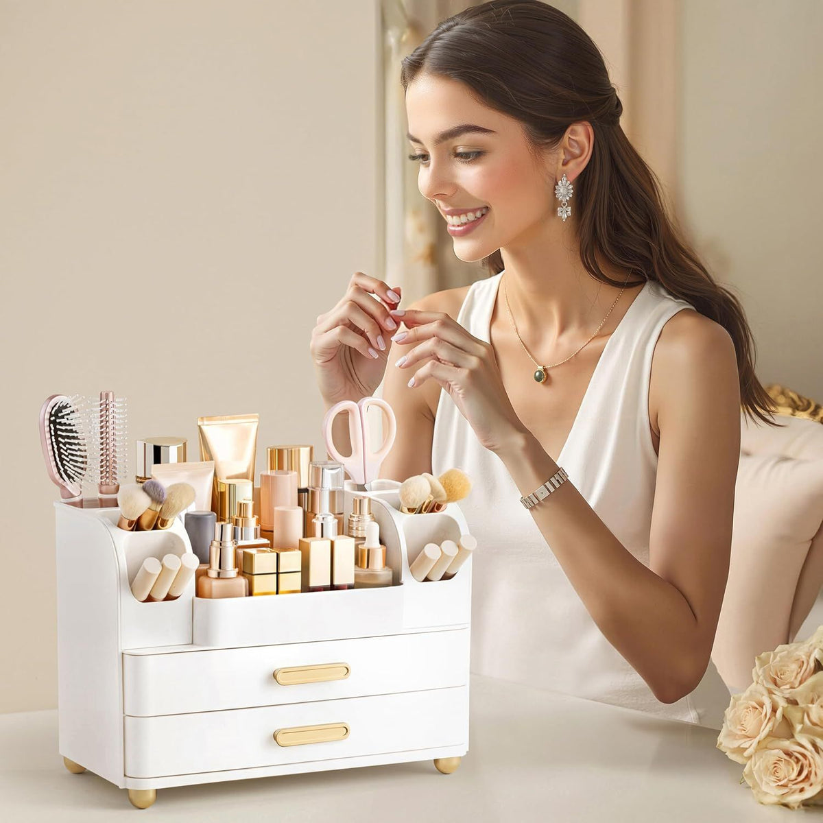 Versatile organizer suitable for bathrooms, vanities, and office desks.