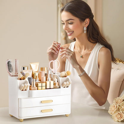 Versatile organizer suitable for bathrooms, vanities, and office desks.