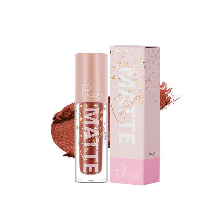 Flat lay of PUDAIER® Air Matte Lip Color #08 Retro Red with luxurious accessories.