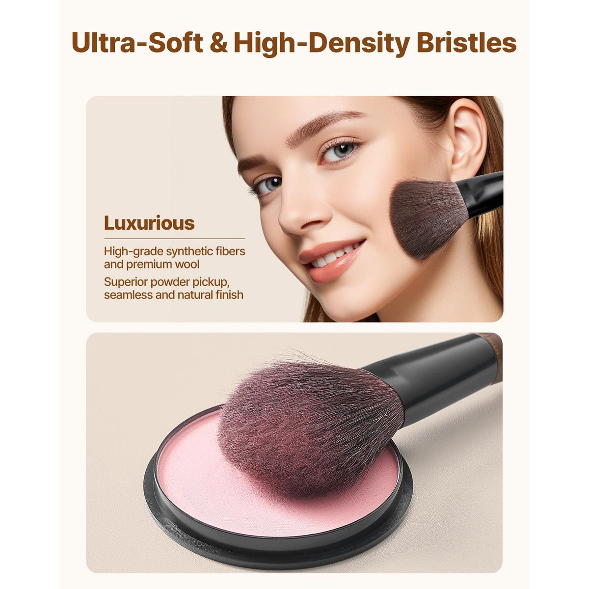Ergonomic wooden handle of a blending brush showcasing its design.